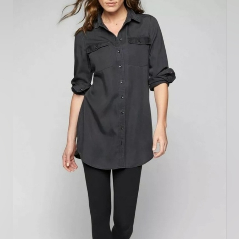 Athleta Tencel Town Button Down Shirt Dress Medium Charcoal Gray Tunic Top